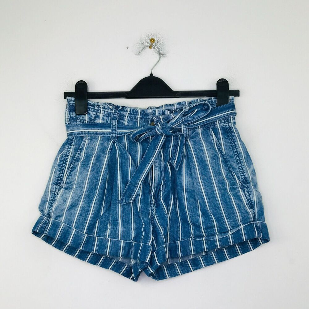 American Eagle Women's 2 Shorts Blue Striped Chambray Paperbag Tie Cuffed CE6